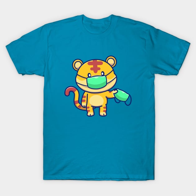 Cute Tiger Wearing And Holding Mask Cartoon T-Shirt by Catalyst Labs